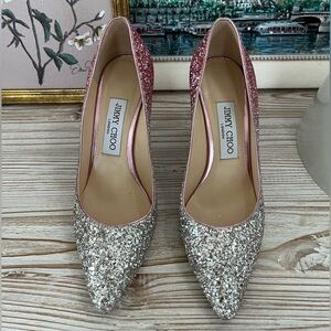 Jimmy Choo Womens 36.5 Glitter Sequin Romy Ombre Pump Heel Shoes Pink Silver 6.5